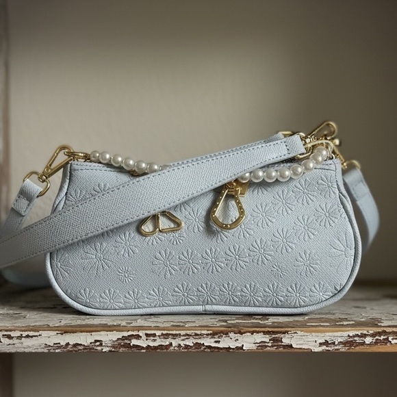 Betsey Johnson Blue Embossed 2 Way Carry Bag - with Gold Accents/ Pearls 
NWT - Picture 5 of 6